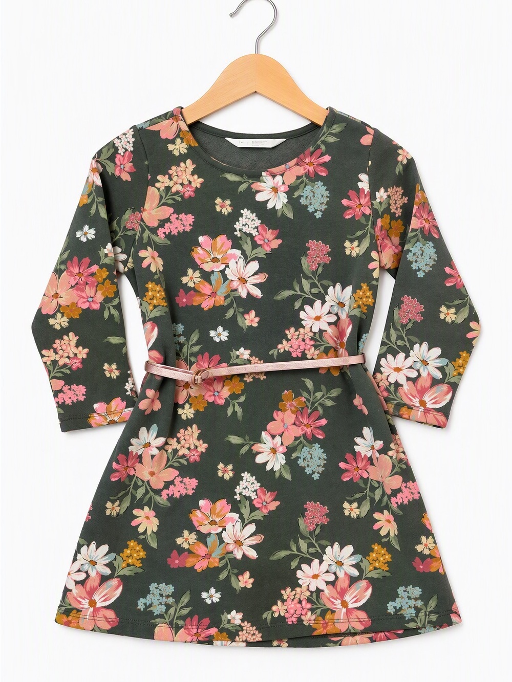 H&M Olive Green Woodland Floral Rose Gold Belted Sweater Dress Fall CA 4-6Y